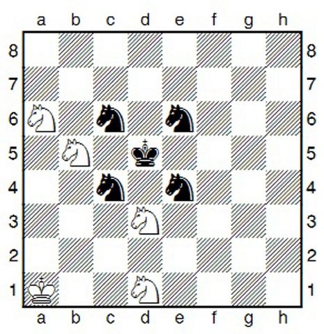 einfach

Lösung: Autor unbekannt, Matt in zwei
Zügen:
1. Ka2 Sa7 [1 ... Sed8 2. Sac7#;
1 ... Sf6 2. Sdc3#; 1 ... Sb6 2. Se3#]
2. Sab4# 1–0.