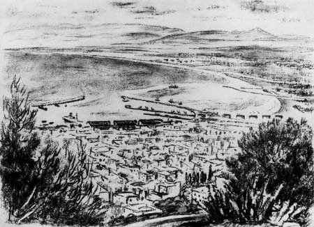 Die Bucht von Haifa; Zeichnung von Beatrice Zweig