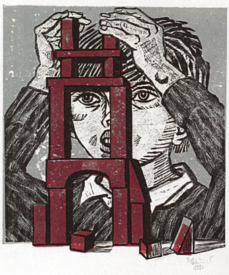 Linolschnitt: Baumeister (1984, aus dem Buch)