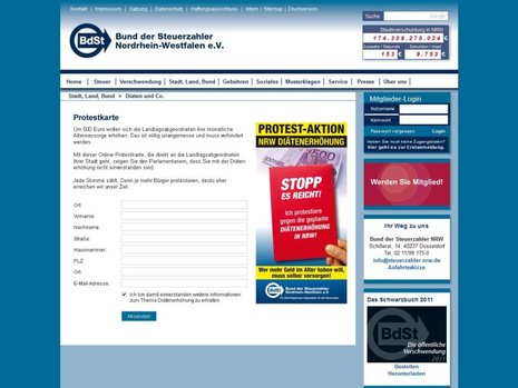 Das Formular zu der Protest-E-Mail-Kampagne des Bundes der Steuerzahler NRW